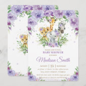 Oerwoud Animal Safari Paarse Floral Baby shower in Kaart (Voorkant / Achterkant)