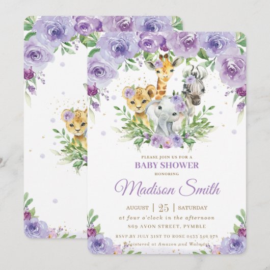 Oerwoud Animal Safari Paarse Floral Baby shower in Kaart (Voorkant / Achterkant)