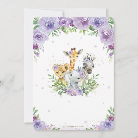 Oerwoud Animal Safari Paarse Floral Baby shower in Kaart (Achterkant)