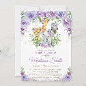 Oerwoud Animal Safari Paarse Floral Baby shower in Kaart (Voorkant)