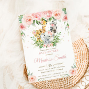 Oerwoud Animal Safari Roze Blush Floral Baby showe Kaart
