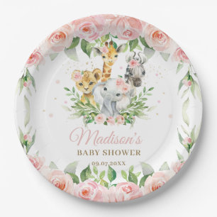Oerwoud Animal Safari Roze Floral Girl Baby shower Papieren Bordje