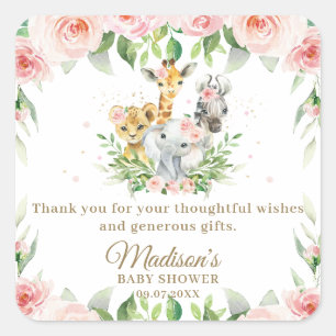 Oerwoud Animal Safari Roze Floral Girl Baby shower Vierkante Sticker