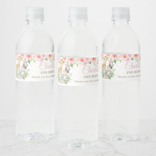 Oerwoud Animal Safari Roze Floral Girl Birthday Waterfles Etiket (Flessen)