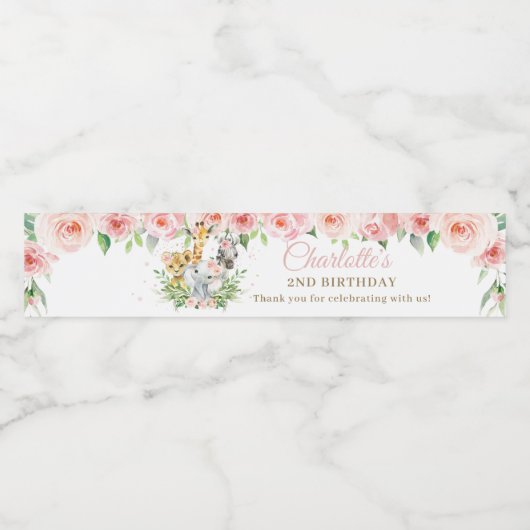 Oerwoud Animal Safari Roze Floral Girl Birthday Waterfles Etiket (Enkel label)