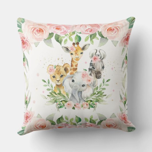 Oerwoud Animal Safari Roze Floral Girl Nursery Roo Kussen (Achterkant)
