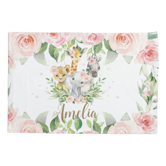 Oerwoud Animal Safari Roze Floral Girl Nursery Roo Kussensloop (Achterkant)