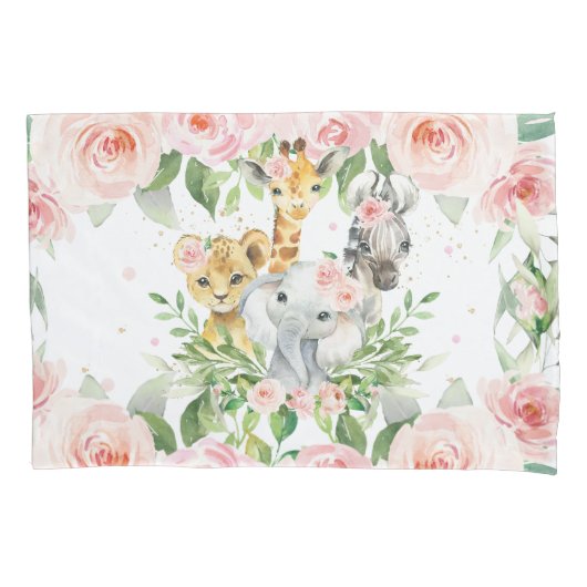 Oerwoud Animal Safari Roze Floral Girl Nursery Roo Kussensloop (Voorkant)