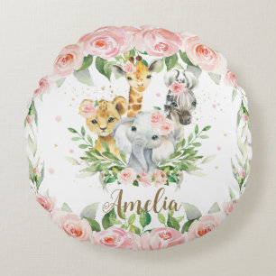 Oerwoud Animal Safari Roze Floral Girl Nursery Roo Rond Kussen