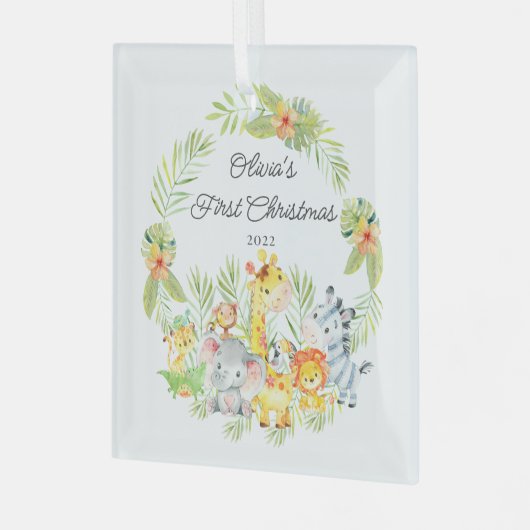 Oerwoud Animals Baby's Eerste Kerstmis Glas Ornament (Voorkant links)