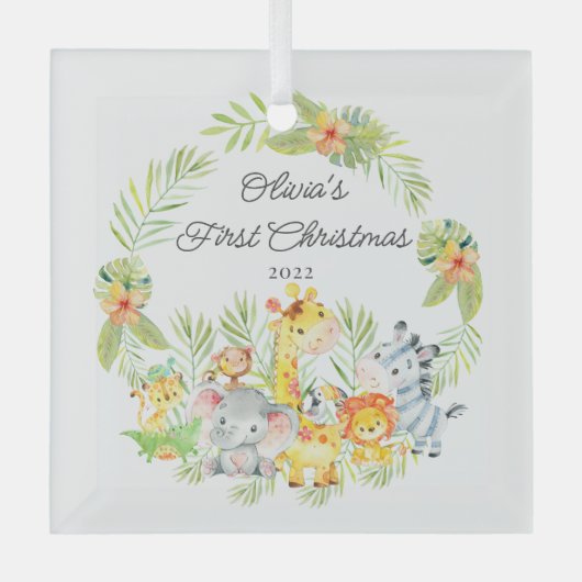 Oerwoud Animals Baby's Eerste Kerstmis Glas Ornament (Voorkant)