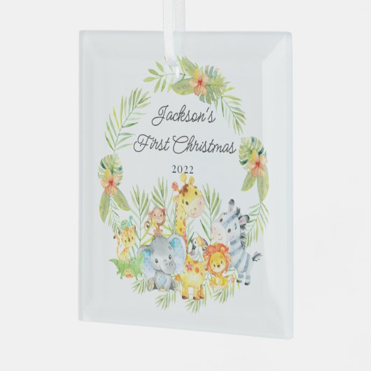 Oerwoud Animals Baby's Eerste Kerstmis Glas Ornament (Voorkant links)