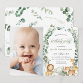 Oerwoud Animals Greenery 1st Birthday Party Foto Kaart (Voorkant / Achterkant)