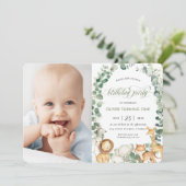 Oerwoud Animals Greenery 1st Birthday Party Foto Kaart (Staand voorkant)