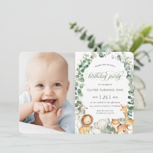 Oerwoud Animals Greenery 1st Birthday Party Foto Kaart (Staand voorkant)