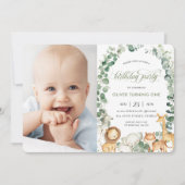 Oerwoud Animals Greenery 1st Birthday Party Foto Kaart (Voorkant)