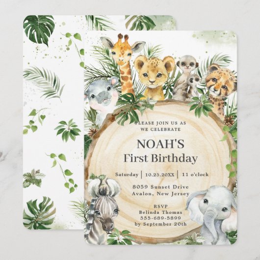 Oerwoud Animals Rustic Wood Slice verjaardagsfeest Kaart (Voorkant / Achterkant)