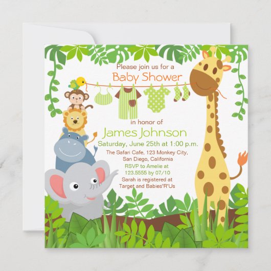 Oerwoud Animals Safari Baby shower Invitation Kaart (Voorkant)