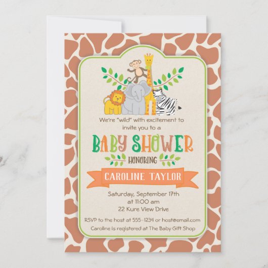 Oerwoud Animals Safari Baby shower Invitation Kaart (Voorkant)