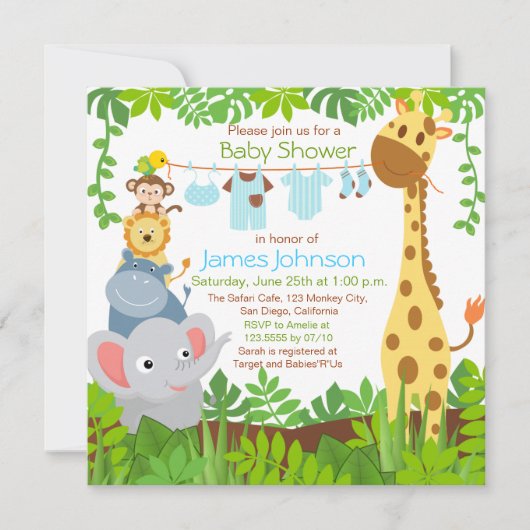 Oerwoud Animals Safari Baby shower Invitation Kaart (Voorkant)