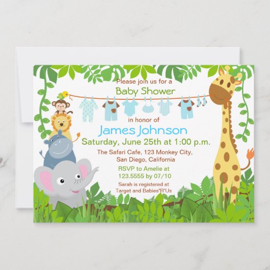 Oerwoud Animals Safari Baby shower Invitation Kaart (Voorkant)
