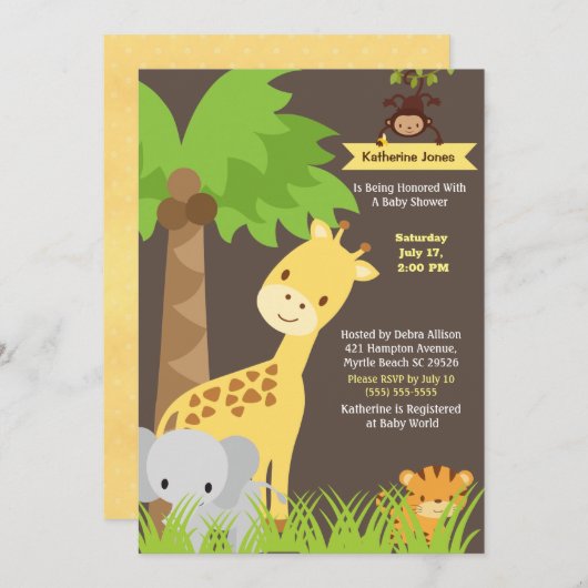 Oerwoud Animals Safari Baby shower Invitation Kaart (Voorkant / Achterkant)