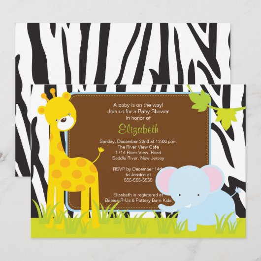 Oerwoud Animals Safari Baby shower Invitation Kaart (Voorkant / Achterkant)