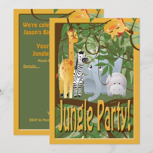 Oerwoud Animals Safari Birthday Party Invite Kaart (Voorkant / Achterkant)