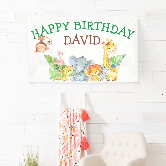 Oerwoud Animals Safari Boy Birthday Party Custom Spandoek (Insitu)