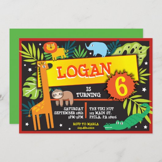 OERWOUD ANIMALS SAFARI Verjaardagsfeestuitnodiging Kaart (Voorkant / Achterkant)