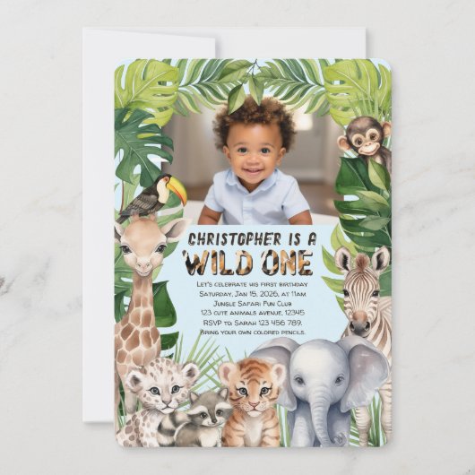 Oerwoud Animals Wild Een 1e Verjaardag Foto Kaart (Voorkant)