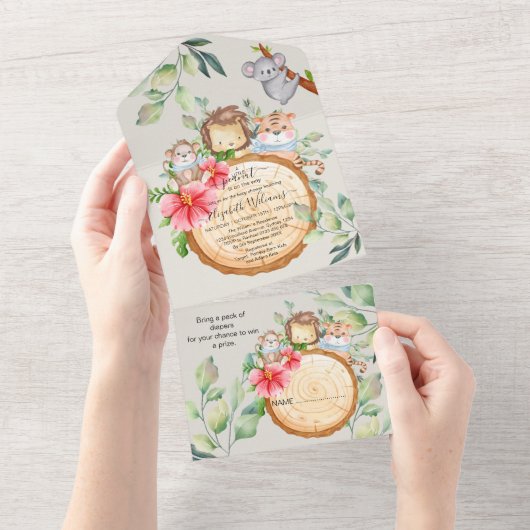 Oerwoud Baby Animals Shower Greenery Safari All In One Uitnodiging (Afscheurbaar)