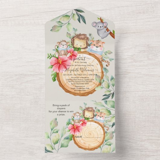 Oerwoud Baby Animals Shower Greenery Safari All In One Uitnodiging (Binnen)