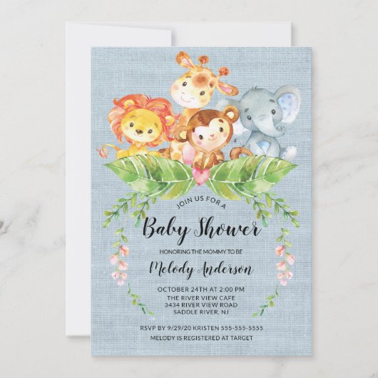 Oerwoud Baby Dieren Jongens Baby shower Uitnodigin Kaart (Voorkant)