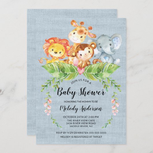 Oerwoud Baby Dieren Jongens Baby shower Uitnodigin Kaart (Voorkant / Achterkant)