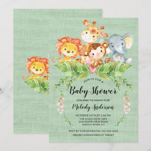 Oerwoud Baby Dieren Neutraal Baby shower Uitnodigi Kaart (Voorkant / Achterkant)