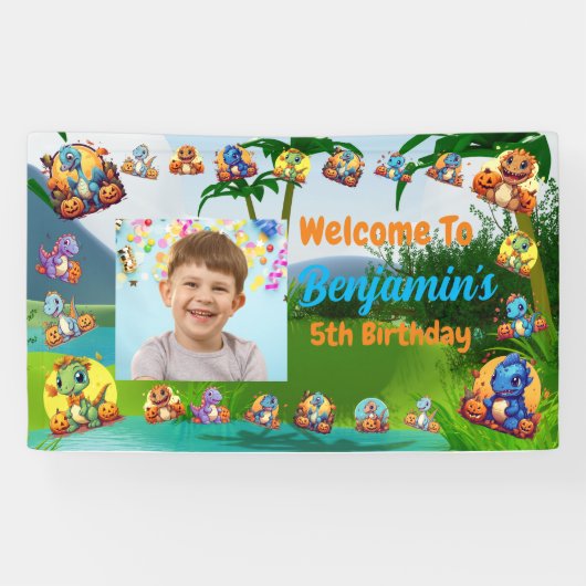 Oerwoud Baby Dino Kids Verjaardagsfeest Spandoek (Horizontaal)