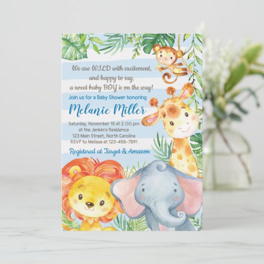 Oerwoud Baby shower Invitation, Boy Elephant Baby Kaart (Staand voorkant)