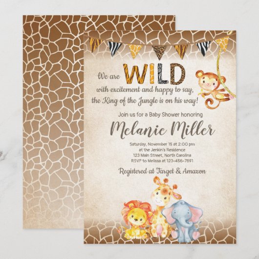 Oerwoud Baby shower Invitation, Boy Elephant Baby Kaart (Voorkant / Achterkant)