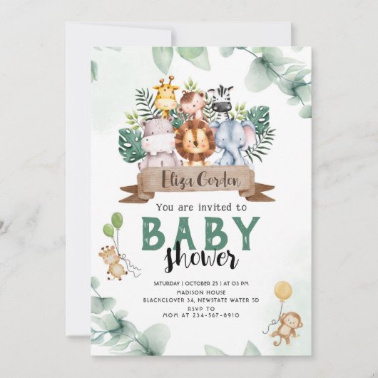 Oerwoud Baby shower Party bewerkbare uitnodiging (Voorkant)