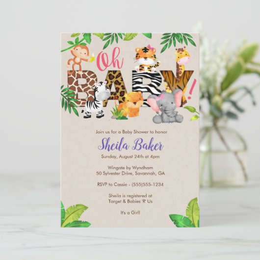 Oerwoud Baby shower Uitnodiging - Girl Baby shower (Staand voorkant)