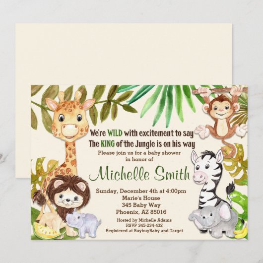 Oerwoud Baby shower uitnodiging, Safari uitnodigin Kaart (Voorkant / Achterkant)