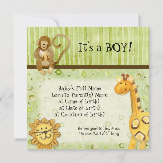 Oerwoud baby's, geboorteaankondiging jongen kaart (Voorkant)