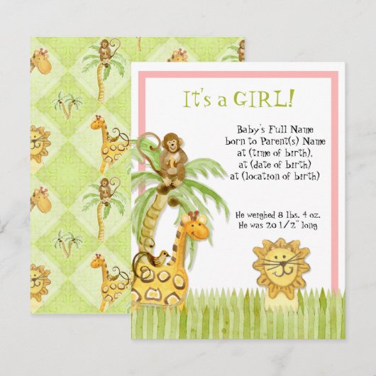 Oerwoud Baby's, Geboorteaankondiging meisje Kaart (Voorkant / Achterkant)