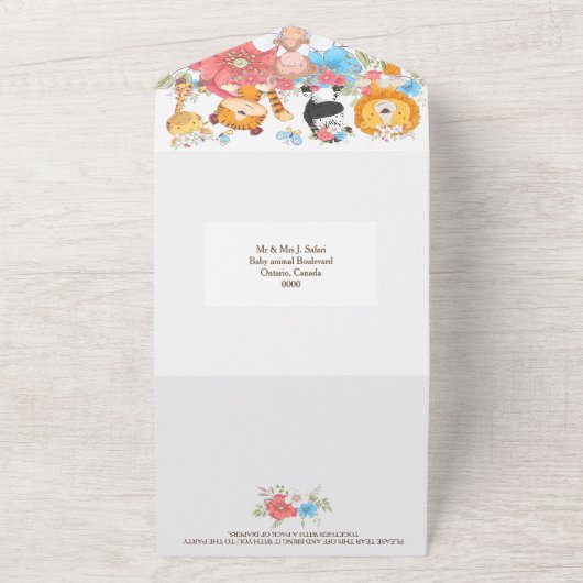 Oerwoud baby's schattige safari tropische partij all in one uitnodiging (Buitenkant)