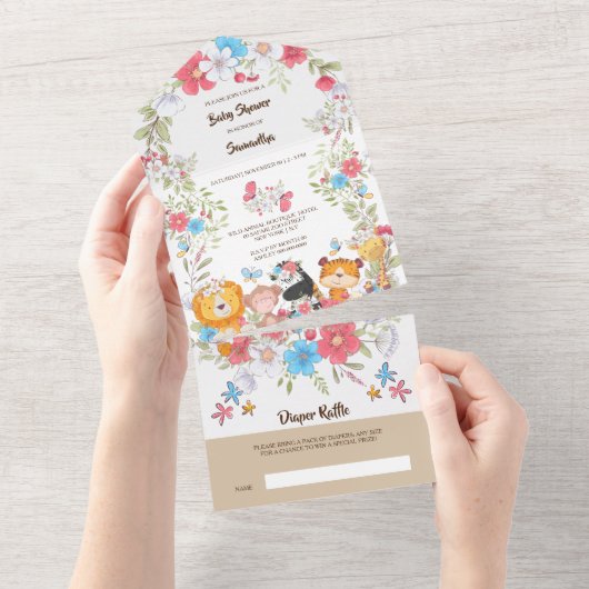 Oerwoud baby's schattige safari tropische partij all in one uitnodiging (Afscheurbaar)