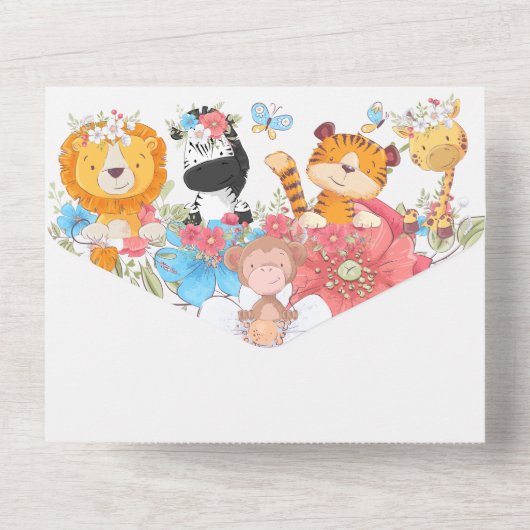 Oerwoud baby's schattige safari tropische partij all in one uitnodiging (Achterkant)