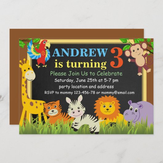 Oerwoud Birthday Invitation Safari Birthday Invite Kaart (Voorkant / Achterkant)