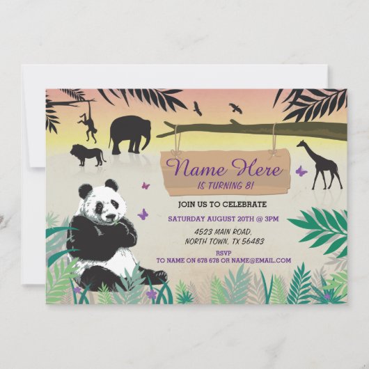 Oerwoud Birthday Safari Zoo Panda Birthday Invite Kaart (Voorkant)