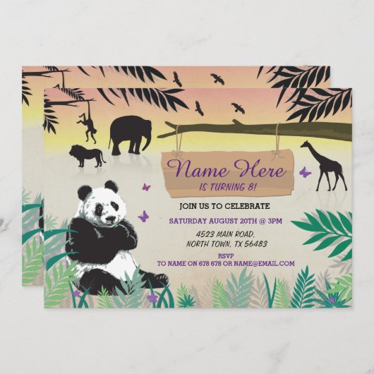 Oerwoud Birthday Safari Zoo Panda Birthday Invite Kaart (Voorkant / Achterkant)